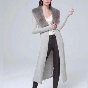 White House Black Market Wool Blend Faux Fur Long Cardigan Sweater Medium Gray
